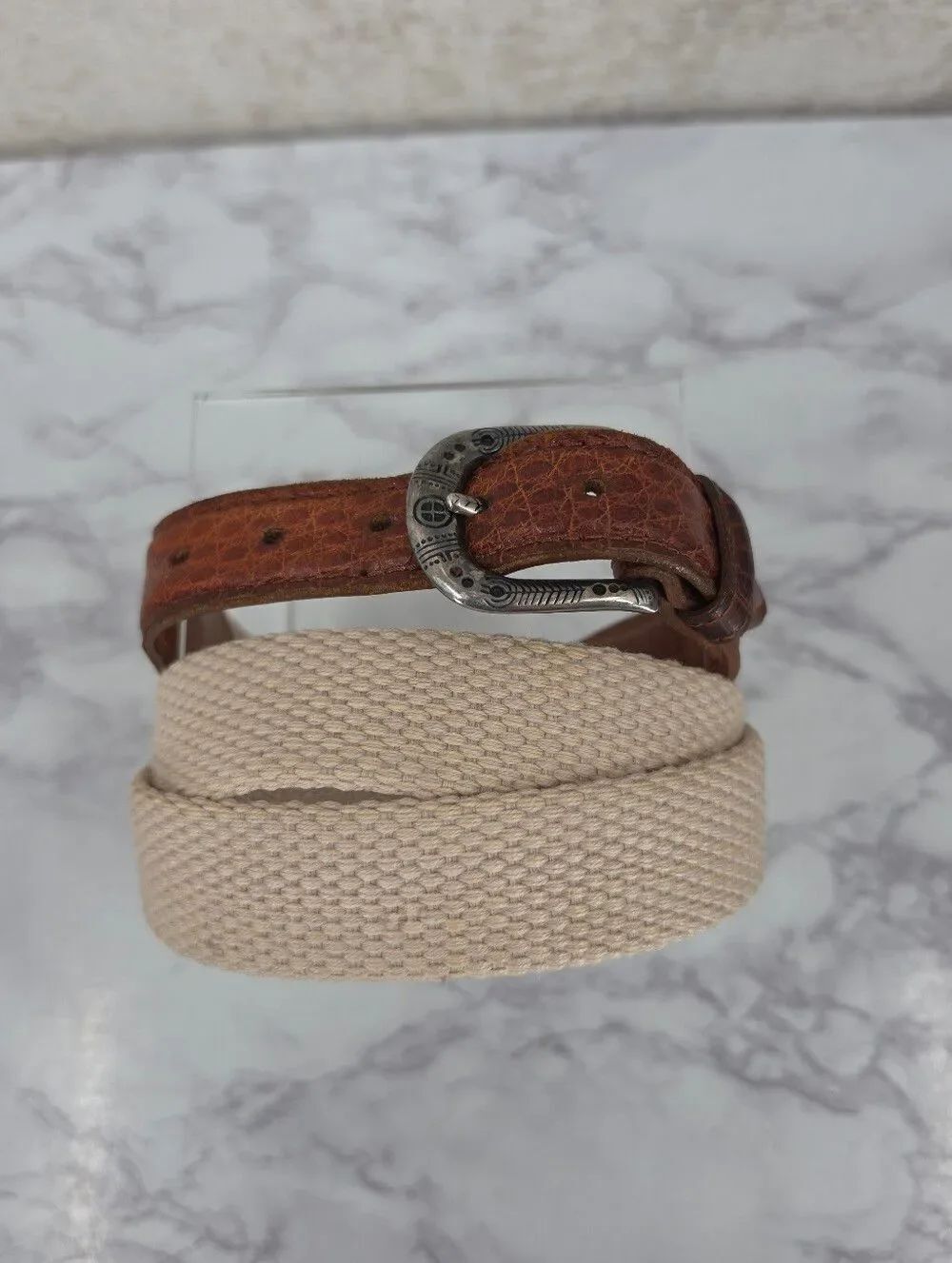 Vintage Cole Haan Men's Woven Cream Belt with Brown Leather Silver Tone Buckle